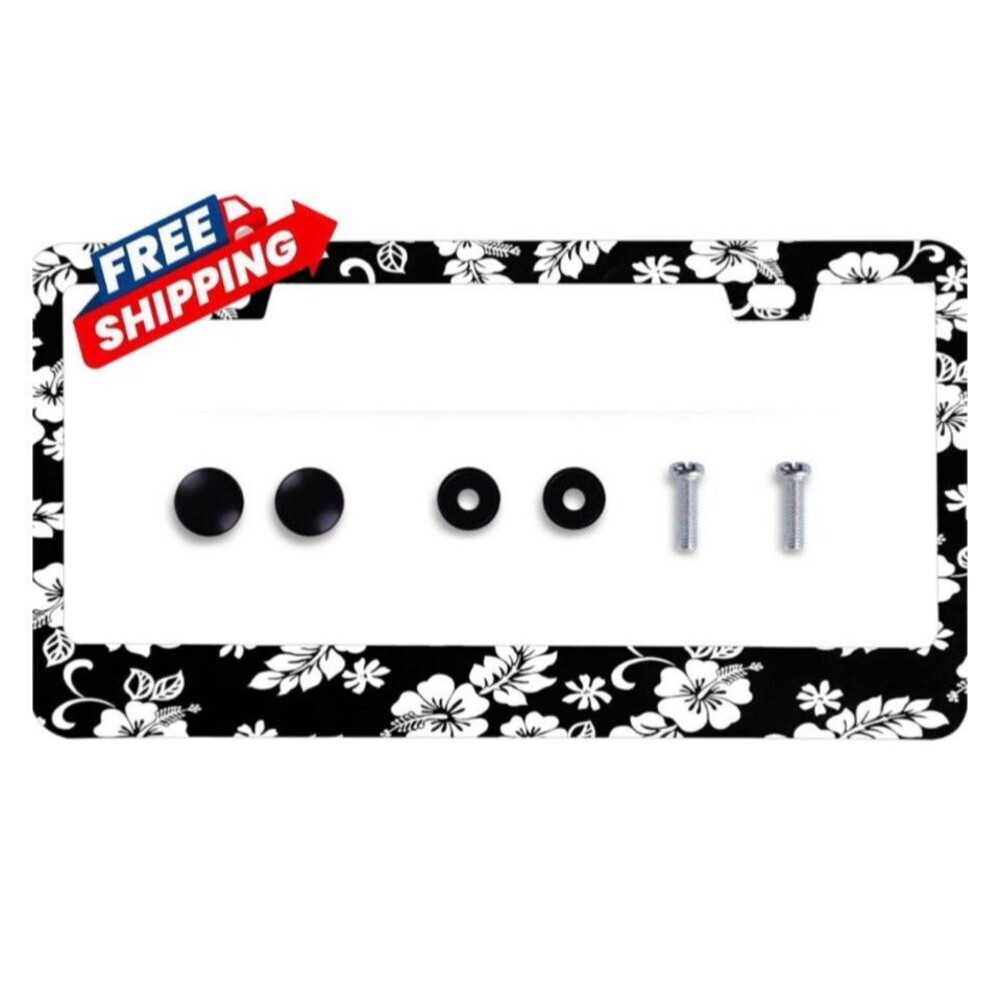 Hawaiian Hibiscus Flower License Plate Hawaiian Frame Women/Men Black White NIP